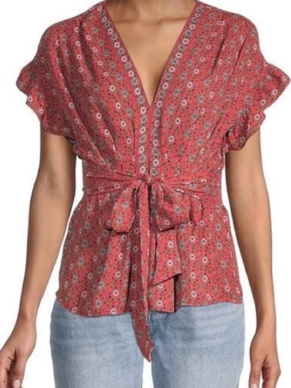 Max Studio Red Floral Tie-Waist V-Neck Blouse
